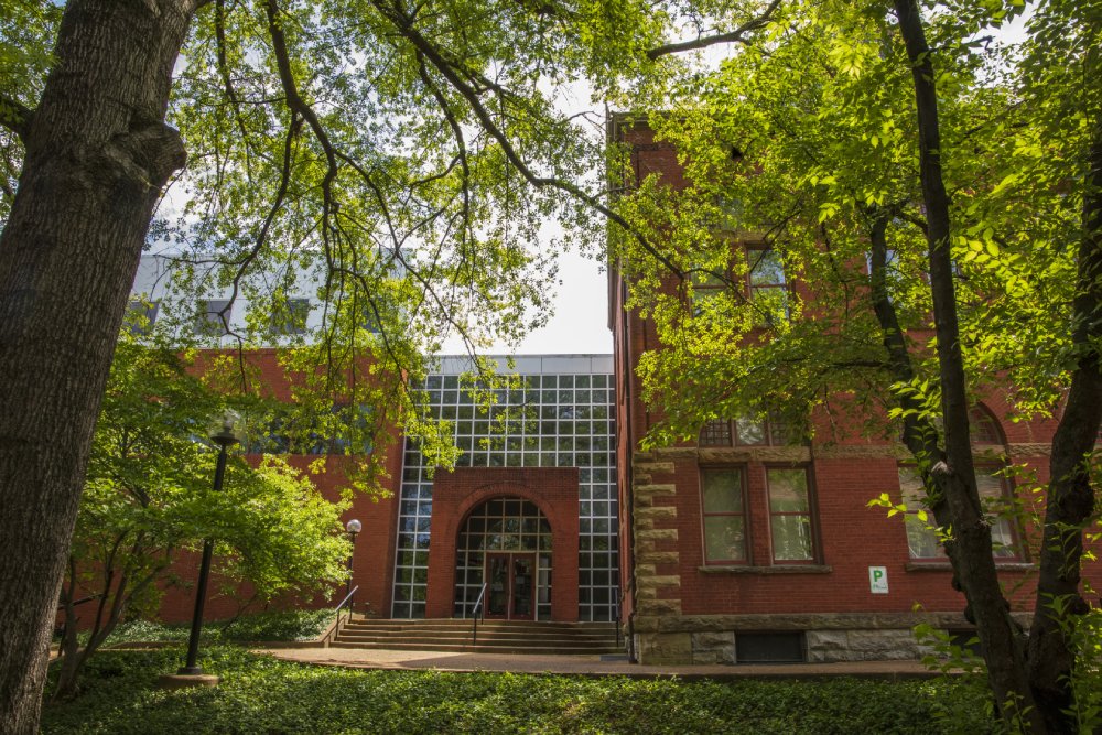 Entrance to a red brick building partially obscured by lush green trees. The building features large grid-patterned windows and a brick archway leading to a set of doors. A wide staircase with black handrails leads up to the entrance.
